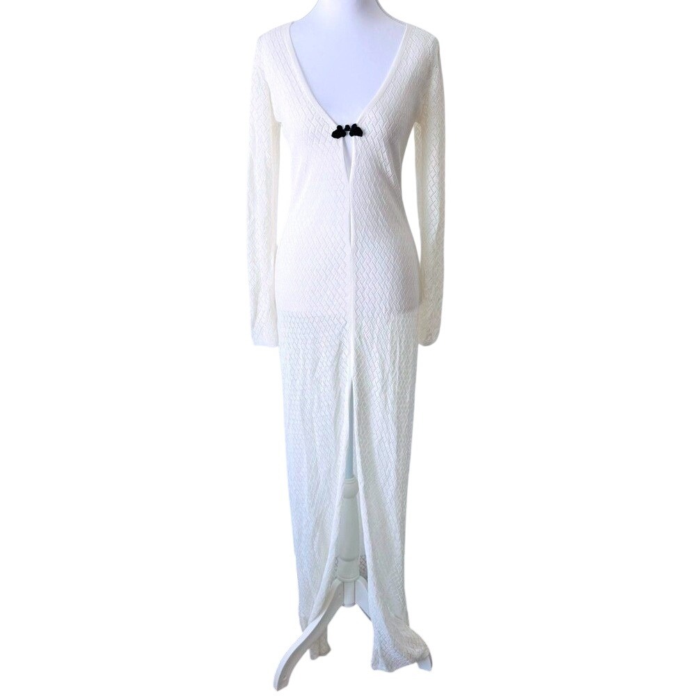 White Maxi Dress Swim Cover Up White Long Sleeve Dress Crochet Commense Sz Sm